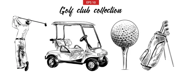 Posterler, süsleme ve baskı için oyulmuş stil illüstrasyon vektör. Golf çantası, sepeti, top ve siyah beyaz arka plan üzerinde izole golfçü çizilmiş kroki kümesi ver. Vintage gravür çizim ayrıntılı.