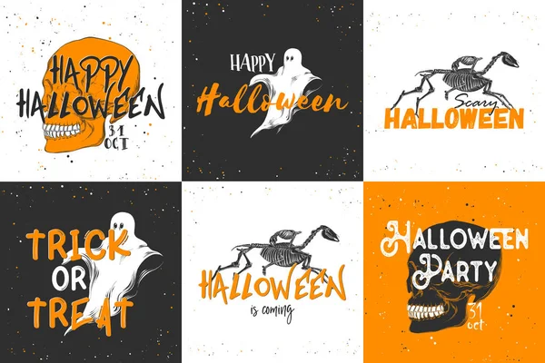 Vector engraved style posters collection with typography, decoration and print. Hand drawn sketch of ghost with modern text. Detailed vintage etching style drawing, Halloween cards for invitation.