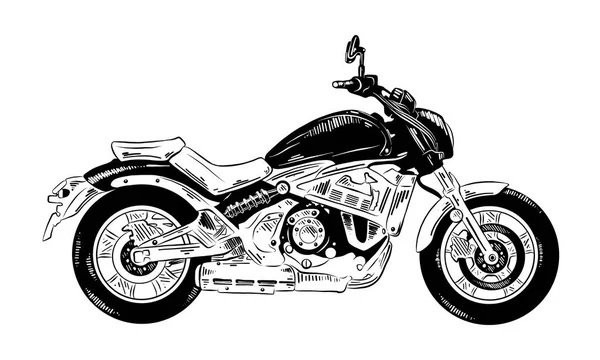 Posterler, süsleme ve baskı için oyulmuş stil illüstrasyon vektör. El motorcyrcle siyah beyaz arka plan üzerinde izole çizilmiş kroki. Vintage gravür tarzı çizim ayrıntılı.