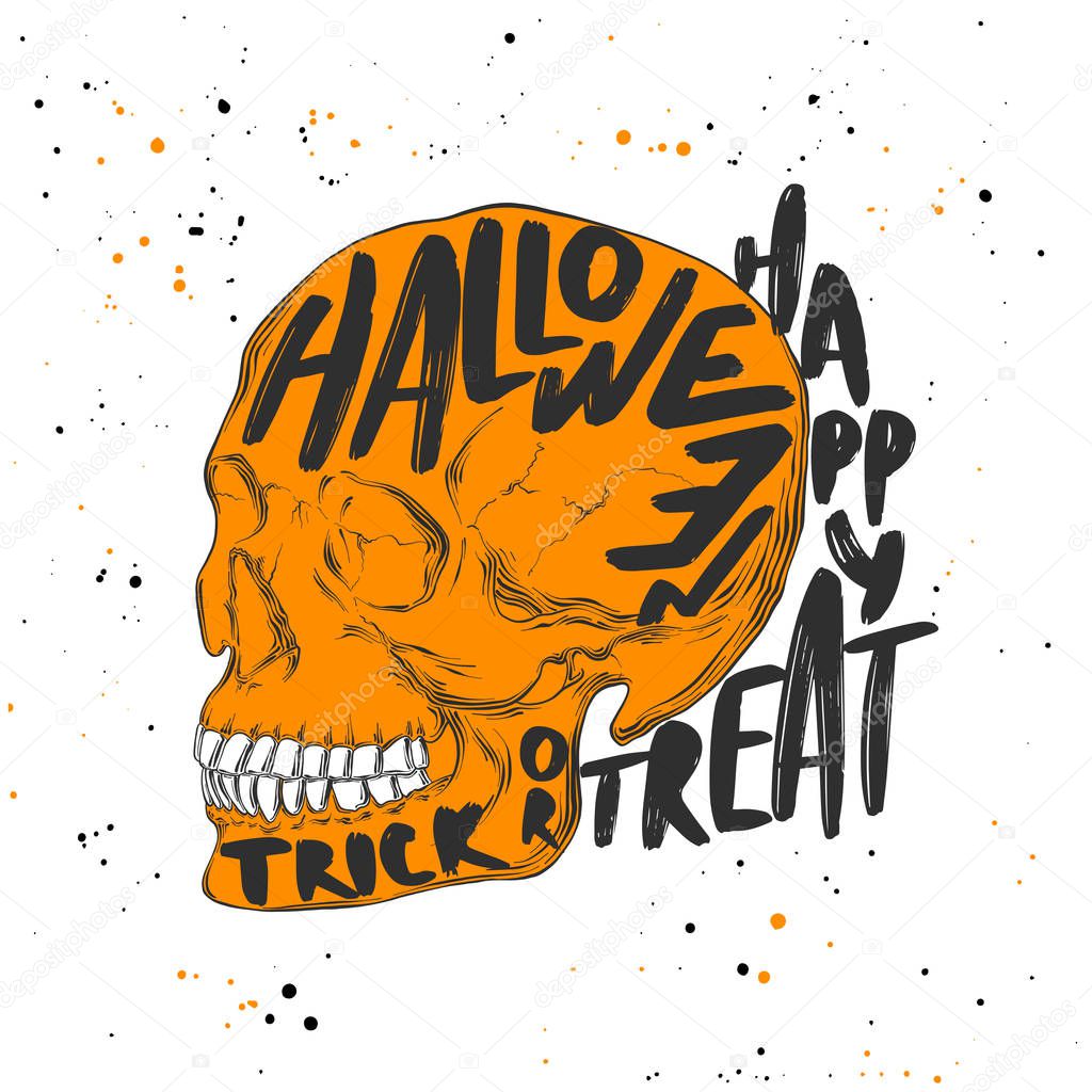 Vector engraved style illustration for posters, decoration and print. Hand drawn sketch of skull with modern typography text. Detailed vintage etching style drawing, Halloween card for invitation.