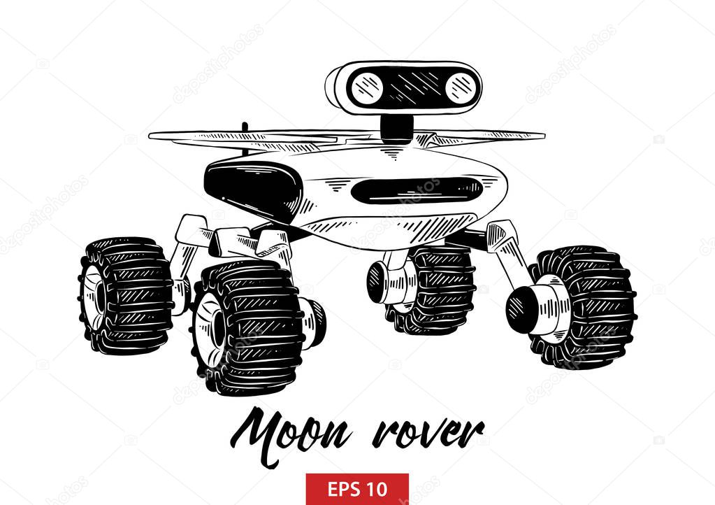 Vector engraved style illustration for posters, decoration and print. Hand drawn sketch of moon rover in black isolated on white background. Detailed vintage etching style drawing.