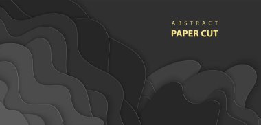 Vektör arka plan siyah renk kağıt ile şekiller kestim. 3D soyut kağıt sanat tarzı, iş sunumları, el ilanları, posterler, baskılar, dekorasyon, kartları, broşür kapak için tasarım düzen.
