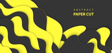Vektör arka plan siyah ve sarı renk kağıt ile şekiller kestim. 3D soyut kağıt sanat tarzı, iş sunumları, el ilanları, posterler, baskılar, dekorasyon, kartları, broşür kapak için tasarım düzen.