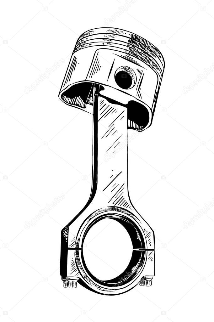 Vector engraved style illustration for posters, decoration and print. Hand drawn sketch of car piston in black isolated on white background. Detailed vintage etching style drawing.