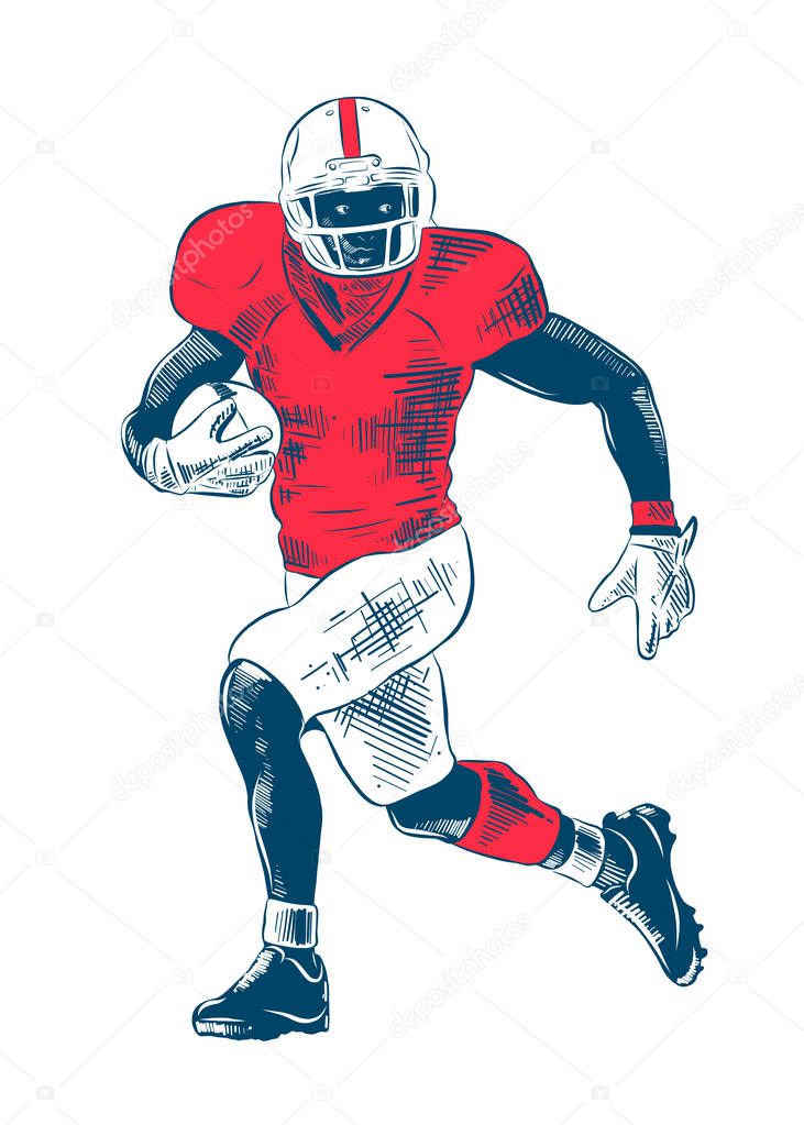 Vector engraved style illustration for posters, decoration and print. Hand drawn sketch of american football player in colorful isolated on white background. Detailed vintage etching style drawing.