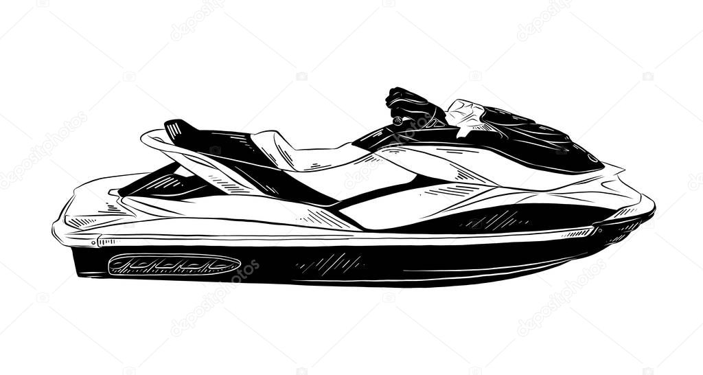 Vector engraved style illustration for posters, decoration and print. Hand drawn sketch of jet ski in black isolated on white background. Detailed vintage etching style drawing.