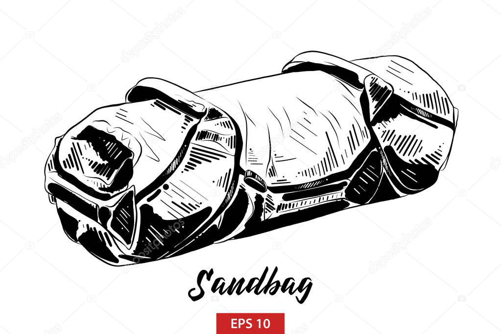 Vector engraved style illustration for posters, decoration and print. Hand drawn sketch of sandbag in black isolated on white background. Detailed vintage etching style drawing.