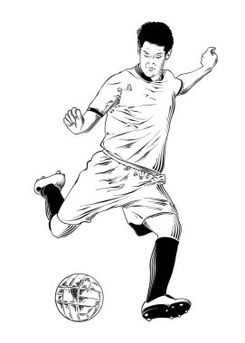 Posterler, süsleme ve baskı için oyulmuş stil illüstrasyon vektör. El futbolcu siyah beyaz arka plan üzerinde izole çizilmiş kroki. Vintage gravür tarzı çizim ayrıntılı.