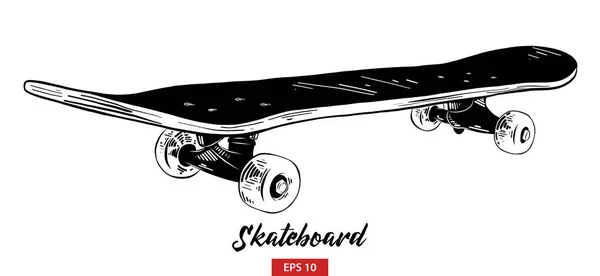 새겨진된 스타일 포스터 인쇄에 검은색 배경에 스케이트 보드의 손으로 그려진된 — 스톡 벡터