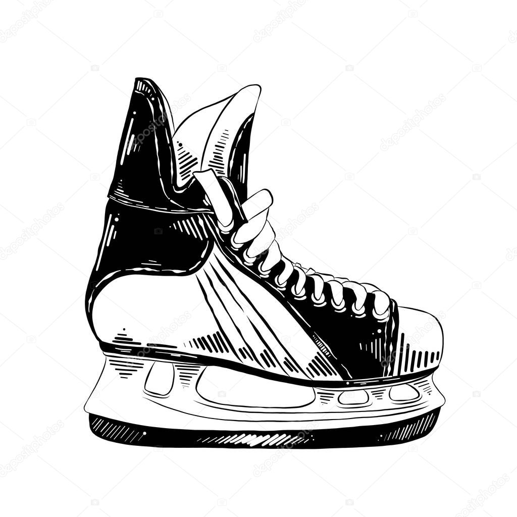 Vector engraved style illustration for posters, decoration and print. Hand drawn sketch of ice skates in black isolated on white background. Detailed vintage etching style drawing.