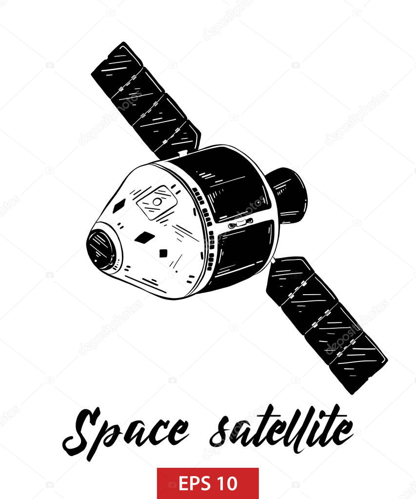 Vector engraved style illustration for posters, decoration and print. Hand drawn sketch of space satellite in black isolated on white background. Detailed vintage etching style drawing.