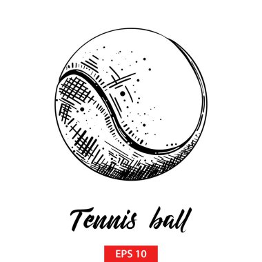 Posterler, süsleme ve baskı için oyulmuş stil illüstrasyon vektör. Tenis topu siyah beyaz arka plan üzerinde izole el çizilmiş kroki. Vintage gravür tarzı çizim ayrıntılı.