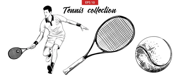 装饰和印刷的向量雕刻样式插图 手绘草图集的网球运动员 网球拍和球查出的白色背景 详细的复古蚀刻画 — 图库矢量图片