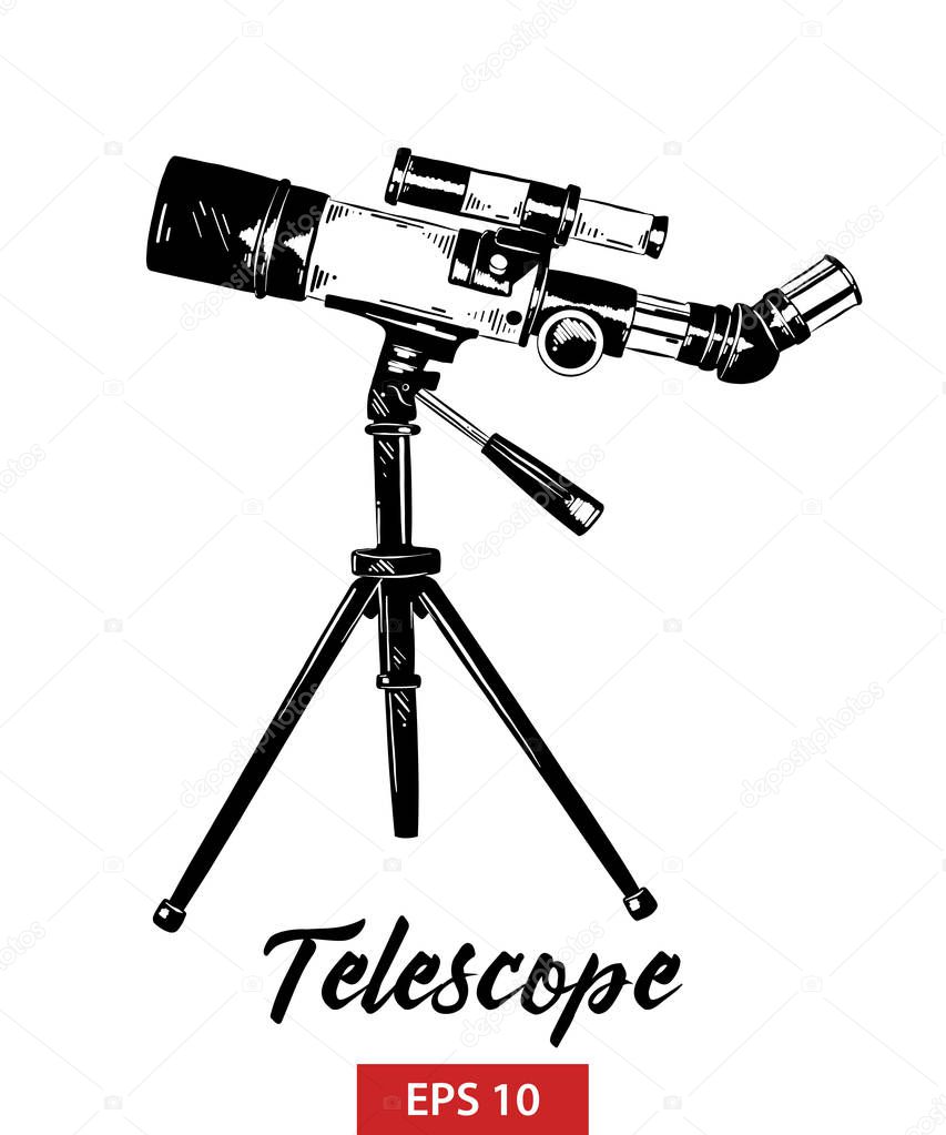 Vector engraved style illustration for posters, decoration and print. Hand drawn sketch of telescope in black isolated on white background. Detailed vintage etching style drawing.