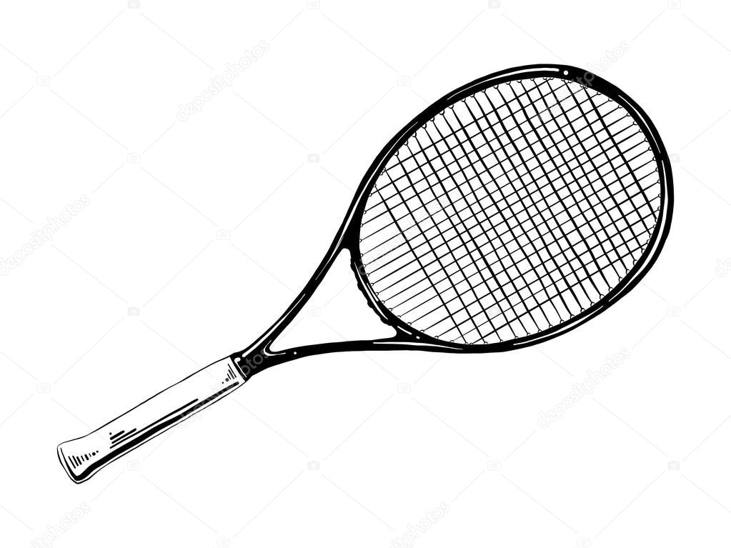 Vector engraved style illustration for posters, decoration and print. Hand drawn sketch of tennis racket in black isolated on white background. Detailed vintage etching style drawing.