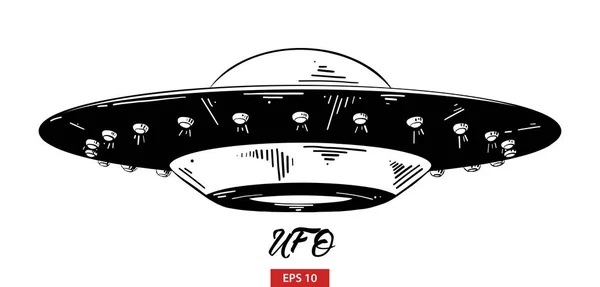 Posterler, süsleme ve baskı için oyulmuş stil illüstrasyon vektör. Siyah beyaz arka plan üzerinde izole el çizilmiş kroki UFO. Vintage gravür tarzı çizim ayrıntılı.