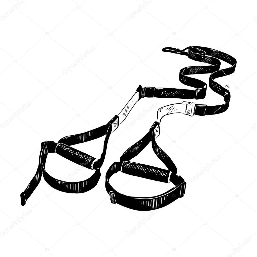 Vector engraved style illustration for posters, decoration and print. Hand drawn sketch of functional fitness straps in black isolated on white background. Detailed vintage etching style drawing.