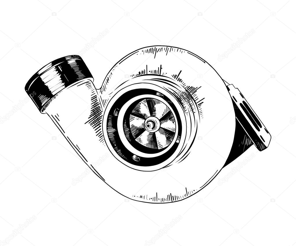 Vector engraved style illustration for posters, decoration and print. Hand drawn sketch of car turbine in black isolated on white background. Detailed vintage etching style drawing.