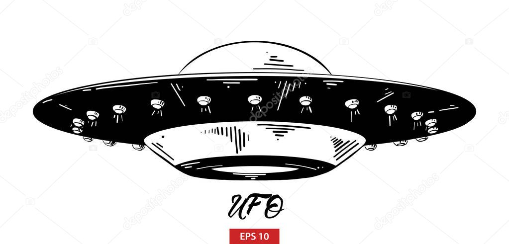 Vector engraved style illustration for posters, decoration and print. Hand drawn sketch of ufo in black isolated on white background. Detailed vintage etching style drawing.