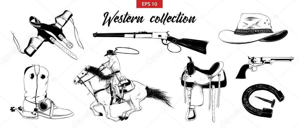 Vector engraved style illustration for posters, decoration and print. Hand drawn sketch set of western cowboy elements isolated on white background. Detailed vintage etching drawing.