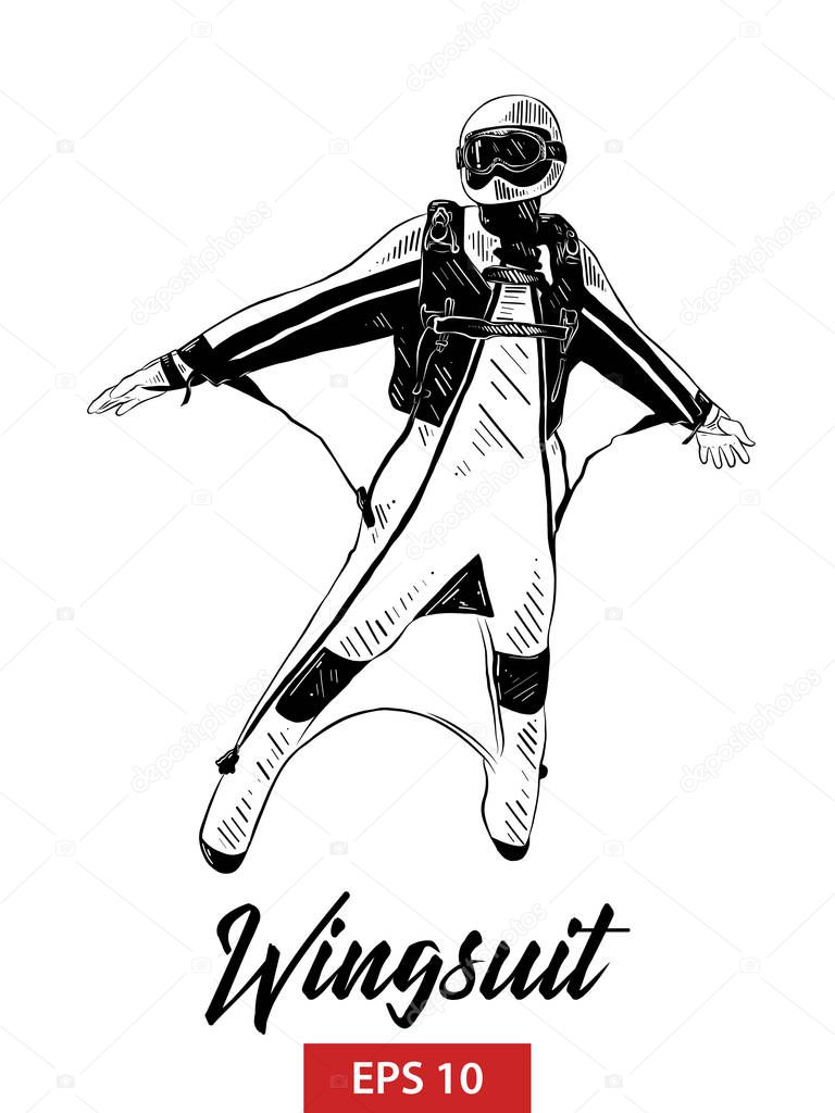 Vector engraved style illustration for posters, decoration and print. Hand drawn sketch of wingsuit in black isolated on white background. Detailed vintage etching style drawing.