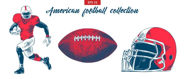 Posterler, dekorasyon için oyulmuş stil illüstrasyon vektör. Amerikan futbolu oyuncu, topu ve kask küme beyaz arka plan üzerinde izole el çizilmiş kroki. Vintage gravür çizim ayrıntılı.