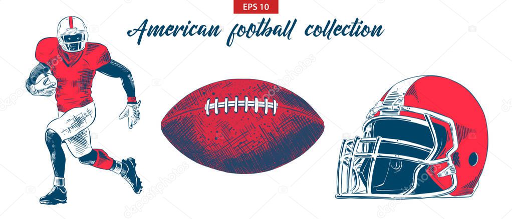 Vector engraved style illustration for posters, decoration. Hand drawn sketch of american football player, ball and helmet set isolated on white background. Detailed vintage etching drawing.