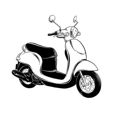 Posterler, süsleme ve baskı için oyulmuş stil illüstrasyon vektör. El scooter siyah beyaz arka plan üzerinde izole çizilmiş kroki. Vintage gravür tarzı çizim ayrıntılı.