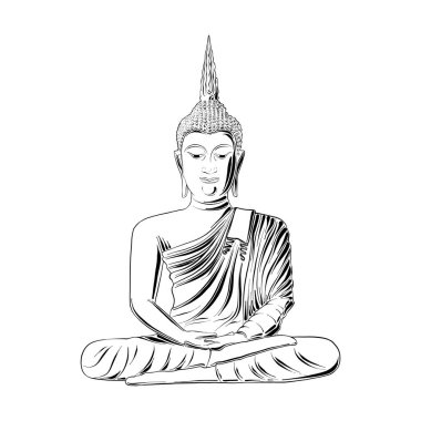 Posterler, süsleme ve baskı için oyulmuş stil illüstrasyon vektör. Siyah beyaz arka plan üzerinde izole Buda heykelinin el çizilmiş kroki. Vintage gravür tarzı çizim ayrıntılı.