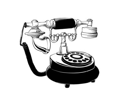 Posterler, dekorasyon, logo, amblem ve baskı için oyulmuş stil illüstrasyon vektör. El Siyah beyaz arka plan üzerinde izole retro telefon çizilmiş kroki. Vintage gravür tarzı çizim ayrıntılı.