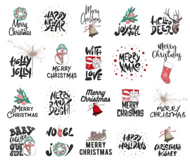 Vector engraved style illustrations with typography and lettering for stamp, sticker, emblem. Hand drawn Merry Christmas and 2019 Happy New Year on white background. Detailed vintage etching drawing.