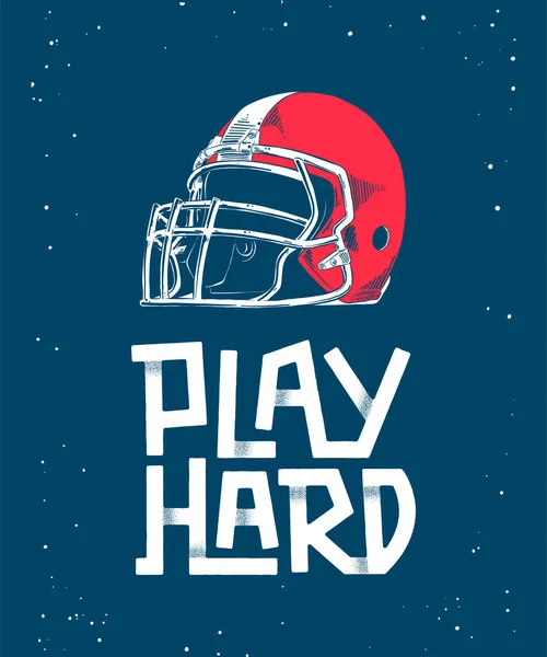 ベクトル スタイルを刻まれたポスター ビンテージ スタイルのプリントのイラストの詳細 モダンなレタリングの影で青の背景に 赤のアメリカン フットボールのヘルメットの手描きのスケッチ — ストックベクタ