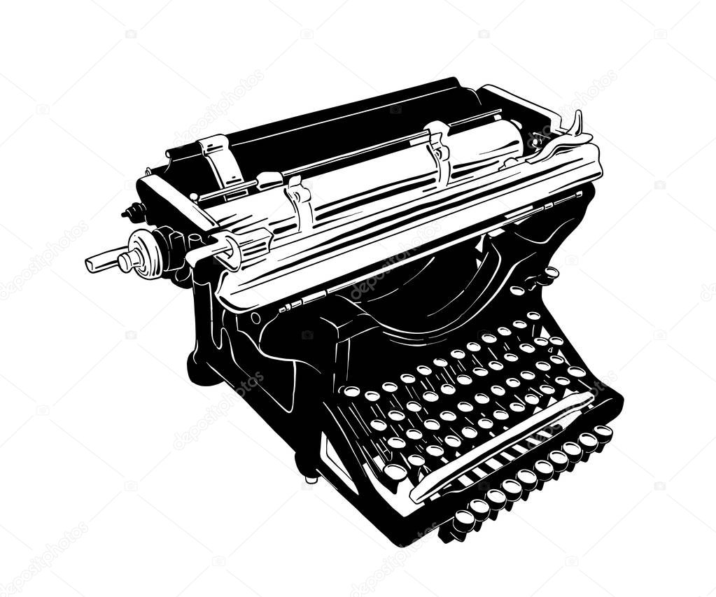 Vector engraved style illustration for posters, decoration and print. Hand drawn sketch of vintage typewriter in black isolated on white background. Detailed vintage etching style drawing.