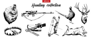 Vector engraved style illustrations for posters, logo, emblem and badge. Hand drawn sketch set of hunting sport equipment, weapon and animals. Detailed vintage hand drawn etching elements. clipart