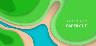 Vektör arka plan mavi ve yeşil renkli kağıt ile dalgalar şekiller kestim. 3D soyut kağıt sanat tarzı, iş sunumları, el ilanları, posterler, baskılar, dekorasyon, kartları, broşür kapak için tasarım düzen.