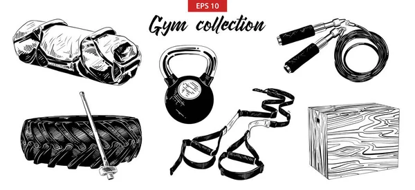 Poster, logo, amblem ve rozet için oyulmuş stil çizimler vektör. Elle çizilmiş kroki spor salonu ve fitness ekipmanları, ağırlık, kum torbası, eğitim lastik ve hummer ayarlayın. Vintage gravür çizim ayrıntılı