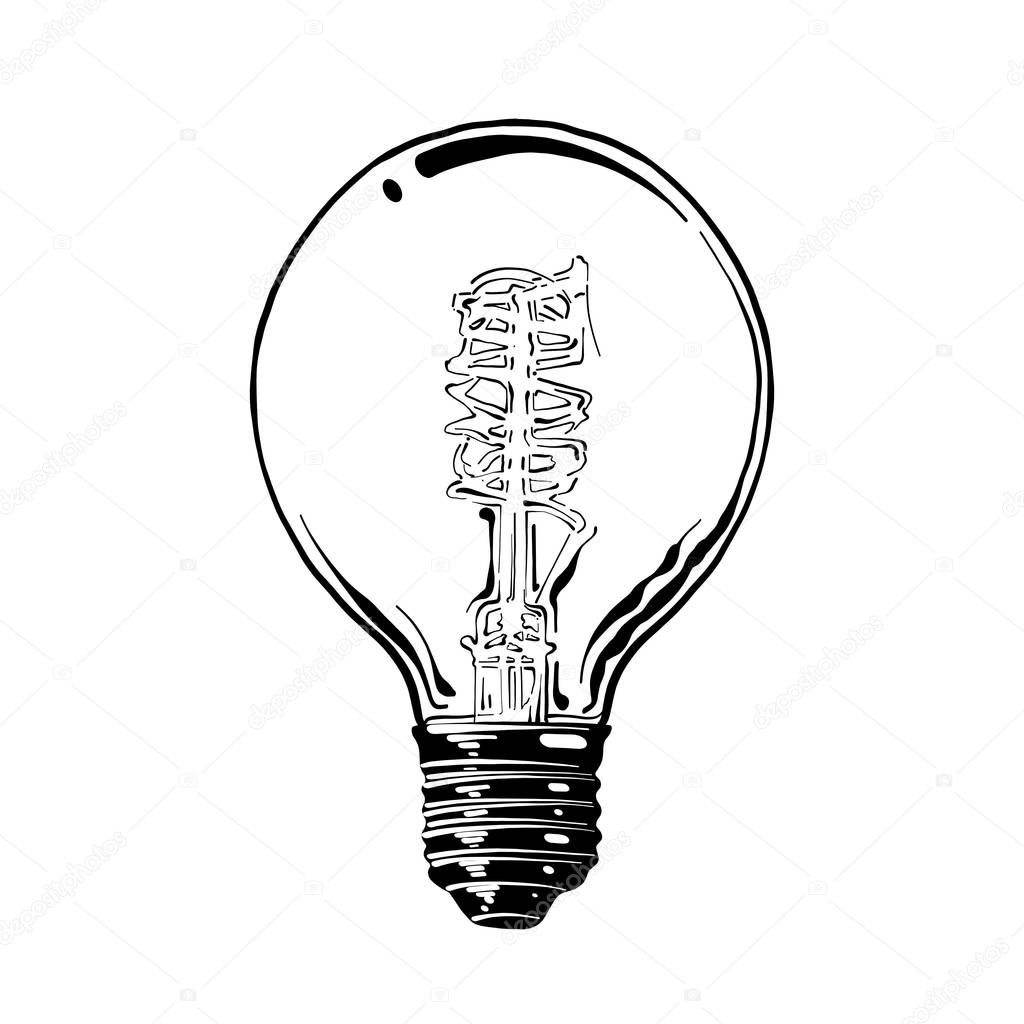 Vector engraved style illustration for posters, logo, emblem, decoration and print. Hand drawn sketch of light bulb in black isolated on white background. Detailed vintage etching style drawing.