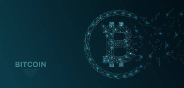 Poligonal tel kafes kafes koyu arka plan üzerinde bitcoin kripto kavramı işareti olan fütüristik. Vektör çizgiler, noktalar ve üçgen şekiller, bağlantı ağ, dijital molekülleri teknoloji, bağlantı yapısı. 