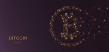 Poligonal tel kafes kafes koyu arka plan üzerinde bitcoin kripto kavramı işareti olan fütüristik. Vektör çizgiler, noktalar ve üçgen şekiller, bağlantı ağ, dijital molekülleri teknoloji, bağlantı yapısı. 