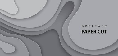 Vektör arka plan gri renkli kağıt ile şekiller kestim. 3D soyut gerçekçi kağıt dekorasyon, dokulu karton dalgalı, düzeni tasarım şablonu, afiş, broşür, kitap kapağı tasarımı. 