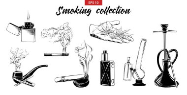 Vektör logo, amblem, etiket veya poster için stil illüstrasyon kazınmış. Çizilmiş kroki yasaktır dizi esrar, nargile, Sigara vb, izole üzerinde beyaz arka plan ver. Detaylı vintage doodle çizim. 