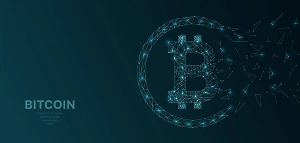 Polygonales Drahtgeflecht Futuristisch Mit Bitcoin Krypto Konzeptzeichen Auf Dunklem Hintergrund — Stockvektor