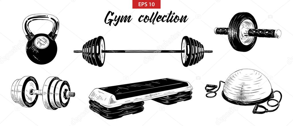 Vector engraved style illustrations for posters, logo, emblem and badge. Hand drawn sketch set of gym and fitness equipment, weight, dumbbell, bosu ball and step-platform. Detailed vintage etching 