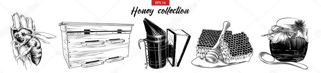Vector engraved style illustration for logo, emblem, label or poster. Hand drawn sketch set of honey production elements isolated on white background. Detailed vintage doodle drawing. 