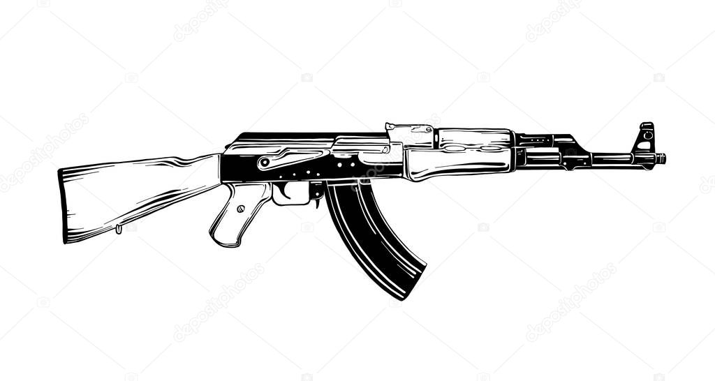 Vector engraved style illustration for posters, decoration and print. Hand drawn sketch of Kalashnikov assault rifle in black isolated on white background. Detailed vintage etching style drawing. 