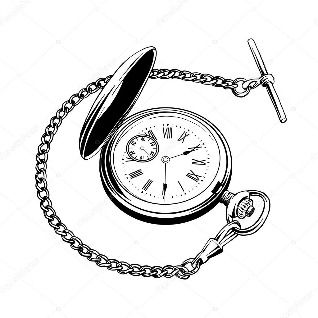 Vector engraved style illustration for posters, decoration and print. Hand drawn sketch of pocket watch in black isolated on white background. Detailed vintage etching style drawing.