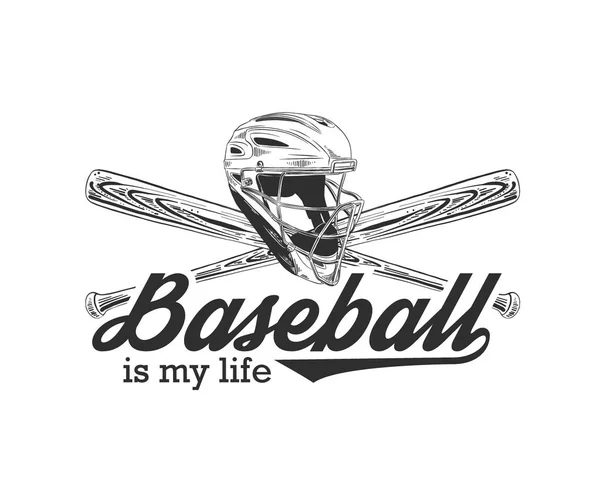 Esquisse dessinée à la main du casque et de la batte de baseball avec typographie motivationnelle isolée sur fond blanc . — Image vectorielle