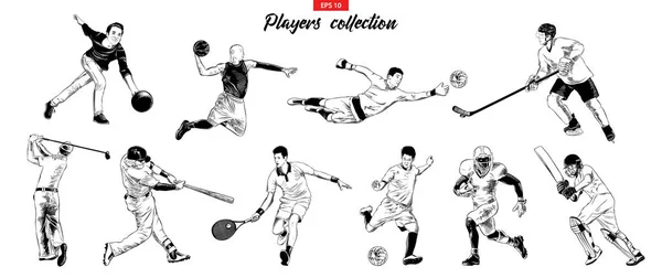 Serie di schizzi disegnati a mano di giocatori sportivi isolati su sfondo bianco . — Vettoriale Stock
