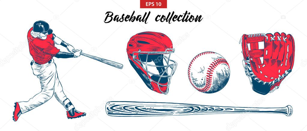 Vector engraved style illustration for posters, decoration. Hand drawn sketch set of baseball player, helmet, glove, ball and bat isolated on white background. Detailed vintage etching drawing.