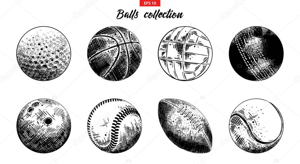 Vector engraved style illustrations for posters, logo, emblem and badge. Hand drawn sketch set of sport balls isolated on white background. Detailed vintage etching collection. Woodcut, linocut style.